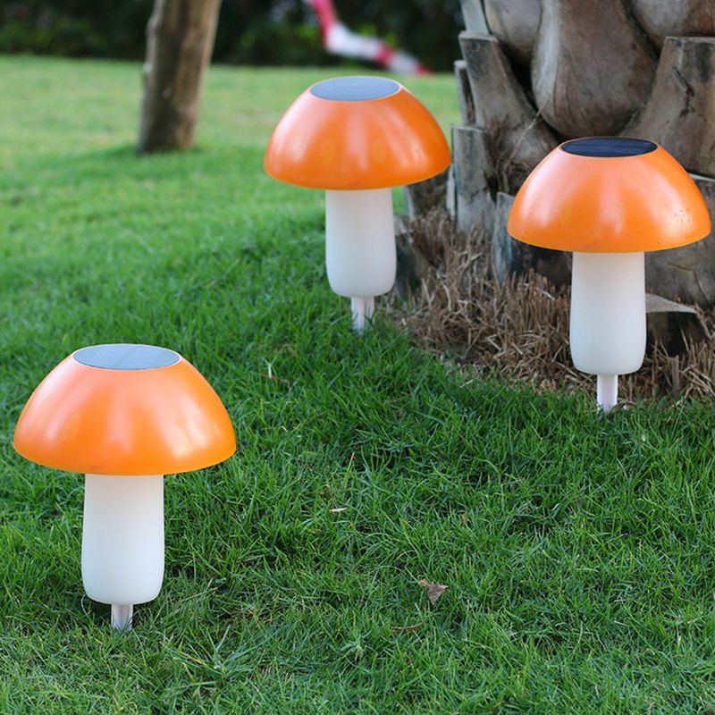 Cartoon Mushroom Shaped LED Solar Landscape Lamp Plastic Garden Ground Light in Orange