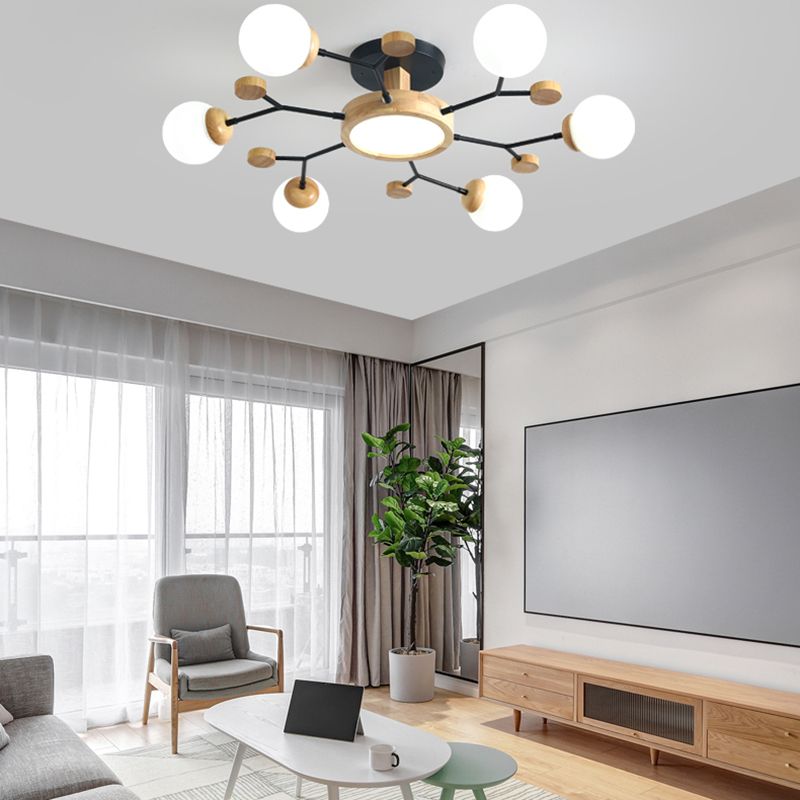 Nordic Solid Wood Ceiling Light White Glass Modos Semi Flush Light for Living Room