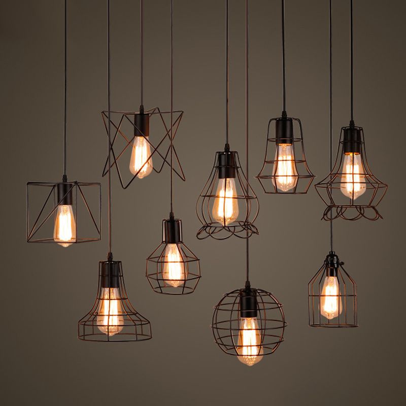 1 Light Cage Hanging Light Fixtures Retro Industrial Metal Ceiling Pendant for Restaurant