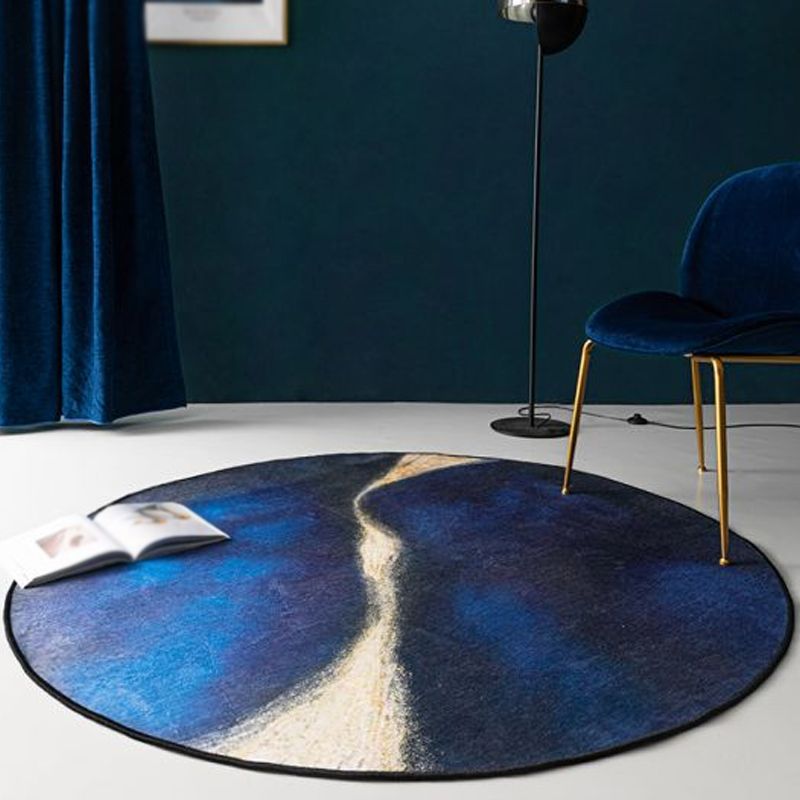 Blue Living Room Rug Modernist Abstract Rug Polyester Washable Anti-Slip Backing Pet Friendly Carpet