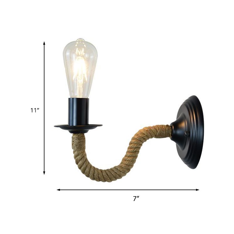 Traditional Bare Bulb Sconce Light Fixture 1-Light Metal Wall Mounted Light with Rope-Wrapped Arm in Black
