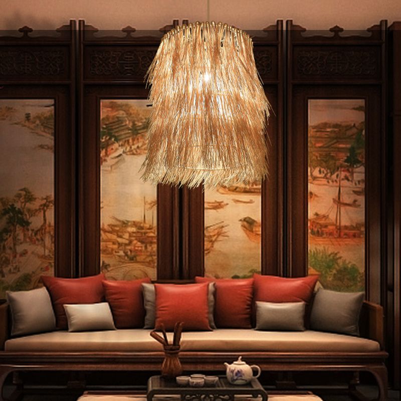 Tassel Pendant Lighting Asian Inspired Rattan 1 Bulb Dining Room Hanging Lamp in Beige