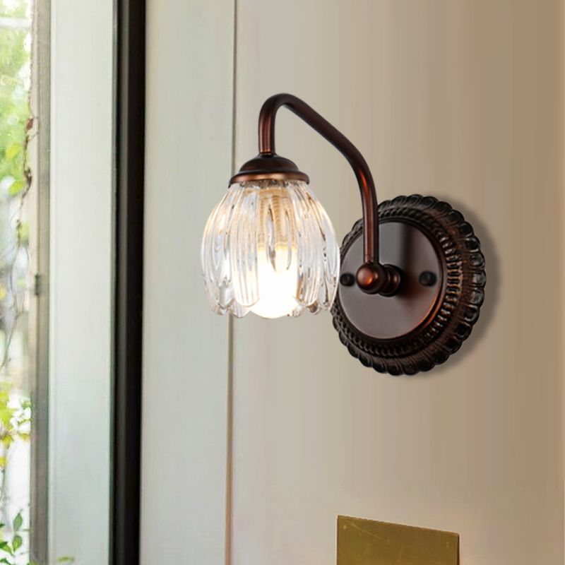 Flower Bathroom Wall Lamp Vintage Clear Textured Glass 2/3/4 Lights Copper Make-Up Lighting