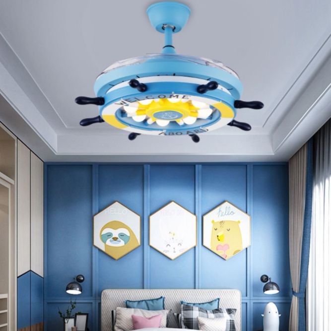 Remote Control Rudder Semi Flush Mount Mediterranean Metal Kids Bedroom LED Pendant Fan Light