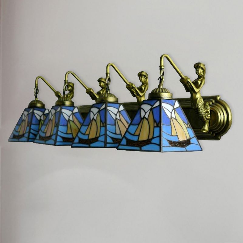 Stained Glass Blue Sconce Light Sailboat 4 Heads Mediterranean Wall Mount Light Fixture