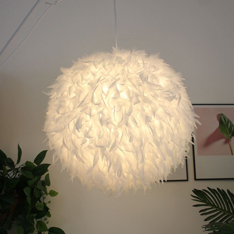 Modern Style Pendant Lighting Fixture White Globe Hanging Lamp with Feather Shade