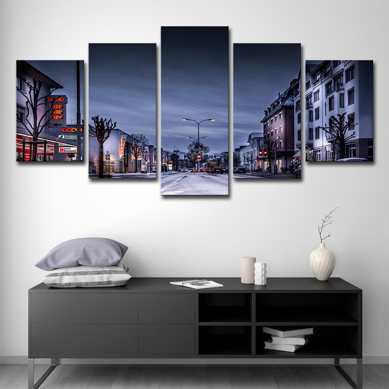 Winter City Street Canvas Art Contemporary Multi-Piece Wall Decoration in Dark Blue