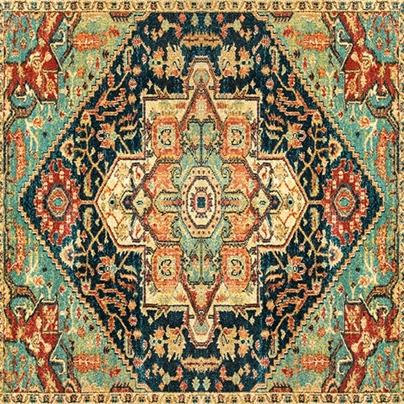 Alfombra de estampado étnico cuadrado alfombra resistente a manchas de poliéster retro de alfombra multicolor para sala de estar