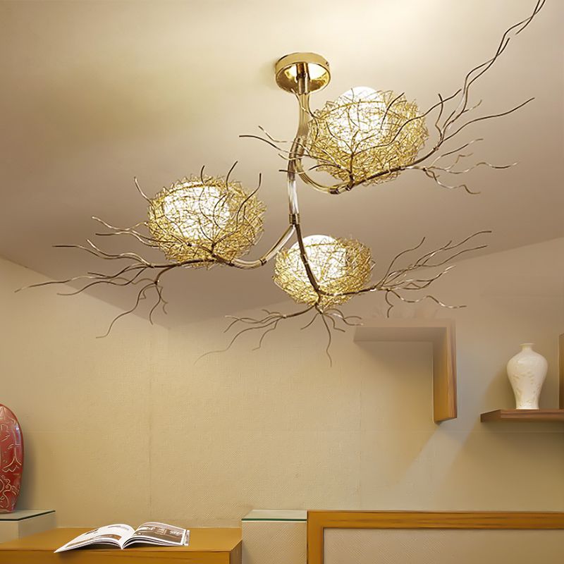 3 Lights Study Room Ceiling Chandelier Gold Hanging Lamp Kit with Egg White Glass Shade and Aluminum Bird Nest