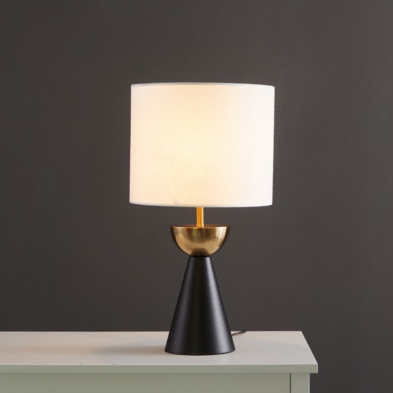 Cylinder Fabric Night Table Light Modern 1 Bulb White/Flaxen Nightstand Lamp with Black Cone Base