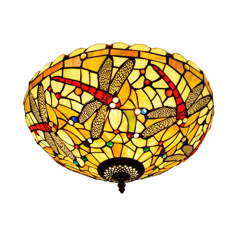 Plafonnier en verre taillé libellule, style Tiffany, 3 têtes, luminaire encastré en Bronze