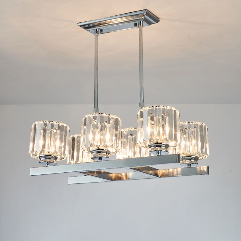Chrome Parallel Island Light Fixture Modern Crystal Cylinder 6 Heads Dining Table Suspension Lamp