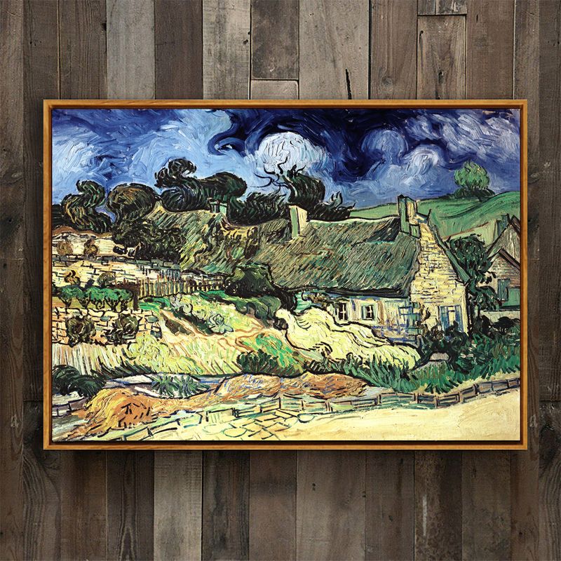 Oil Painting Rural Landscape Art Print for Family Room, Green-Blue, Textured Surface