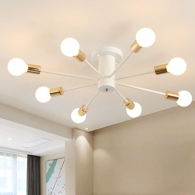 6/8 Heads Bare Bulb Semi Flush Mount Light Vintage Style Black/White Metallic Ceiling Light Fixture for Kitchen