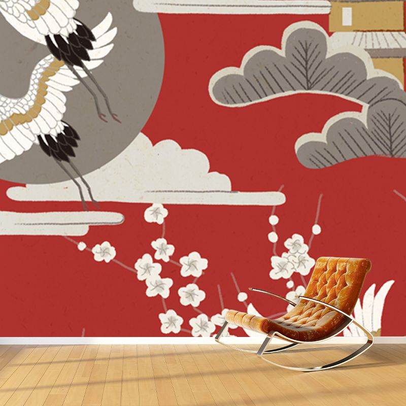 Halcyon and Tower Print Mural Japanese Non-Woven Fabric Wall Decor in Beige on Red