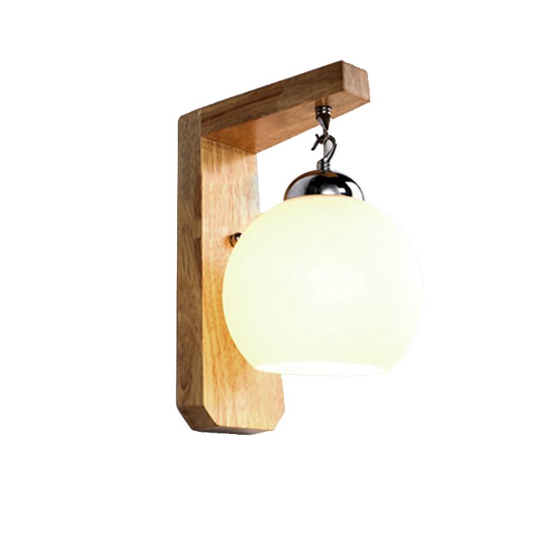 Luz de pared colgante de globo moderno vidrio opal 1 bombilla Luz de apliquet blanca con base de madera para dormitorio