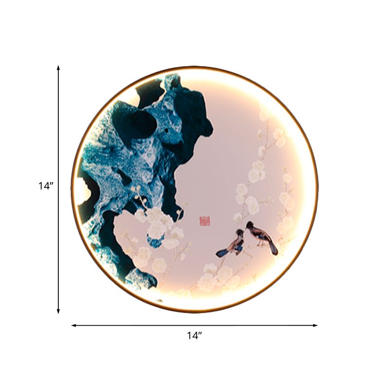 Asia LED Mural Light Black Halcyon and Pine Tree/Bird and Mountain Painting Wall Lighting Ideas with Fabric Shade