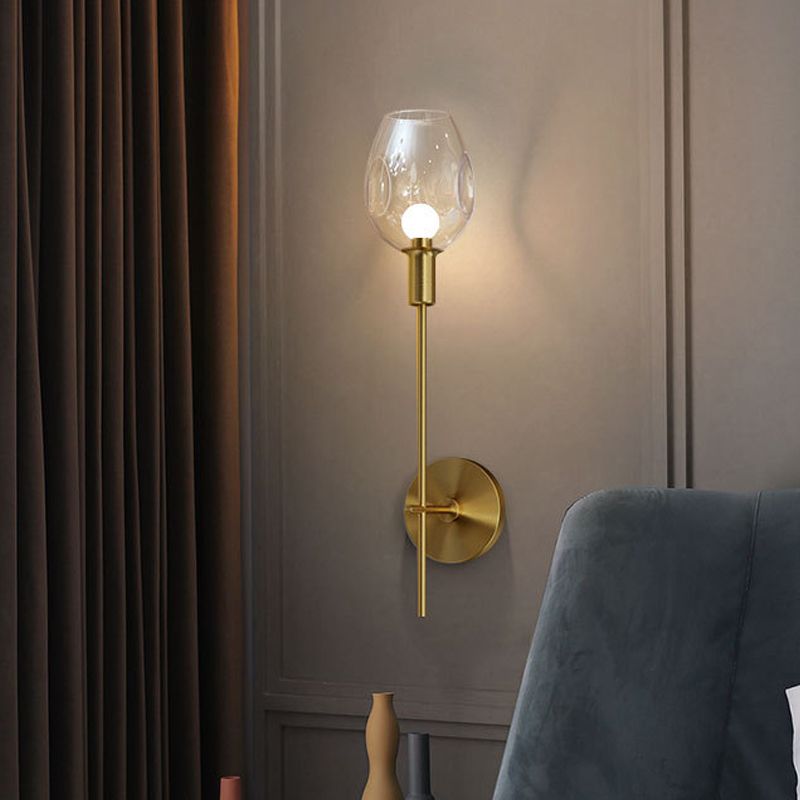 Dimpled Cup Clear Glass Wall Light Minimalist Single Gold Sconce Lamp with Pencil Arm for Hallway
