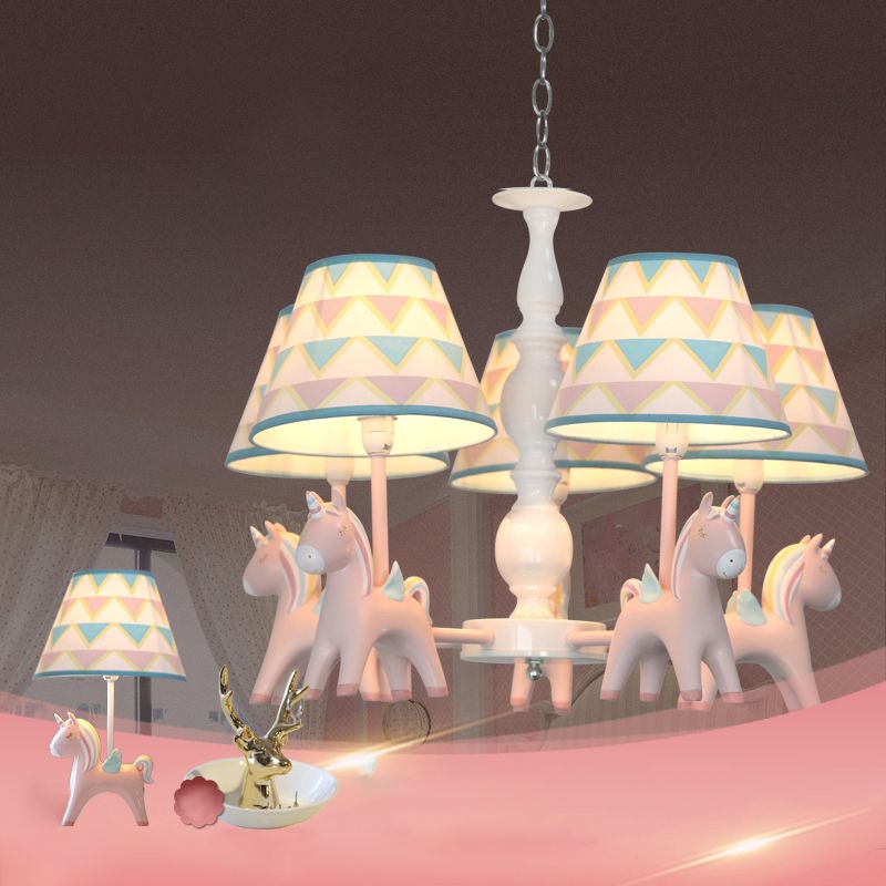 Tapered Shade Child Room Suspension Light Patterned Fabric Kids Chandelier Light with Decorative Unicorn