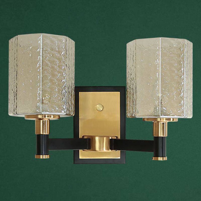 Black and Gold Wall Lamp in Modern Luxury Style Iron Inverted Wall Light with Ripple Glass Shade
