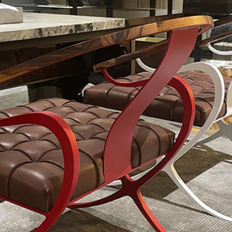 Leather Dining Chairs Nordic Style Open Back Arm Chair with Metal Base