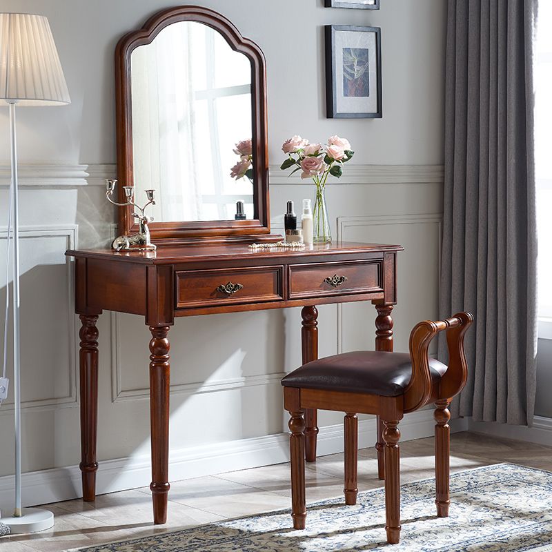 Brown Solid Wood Vanity Set with Stool Set 17.71" Wide Dresser with 2-Drawer