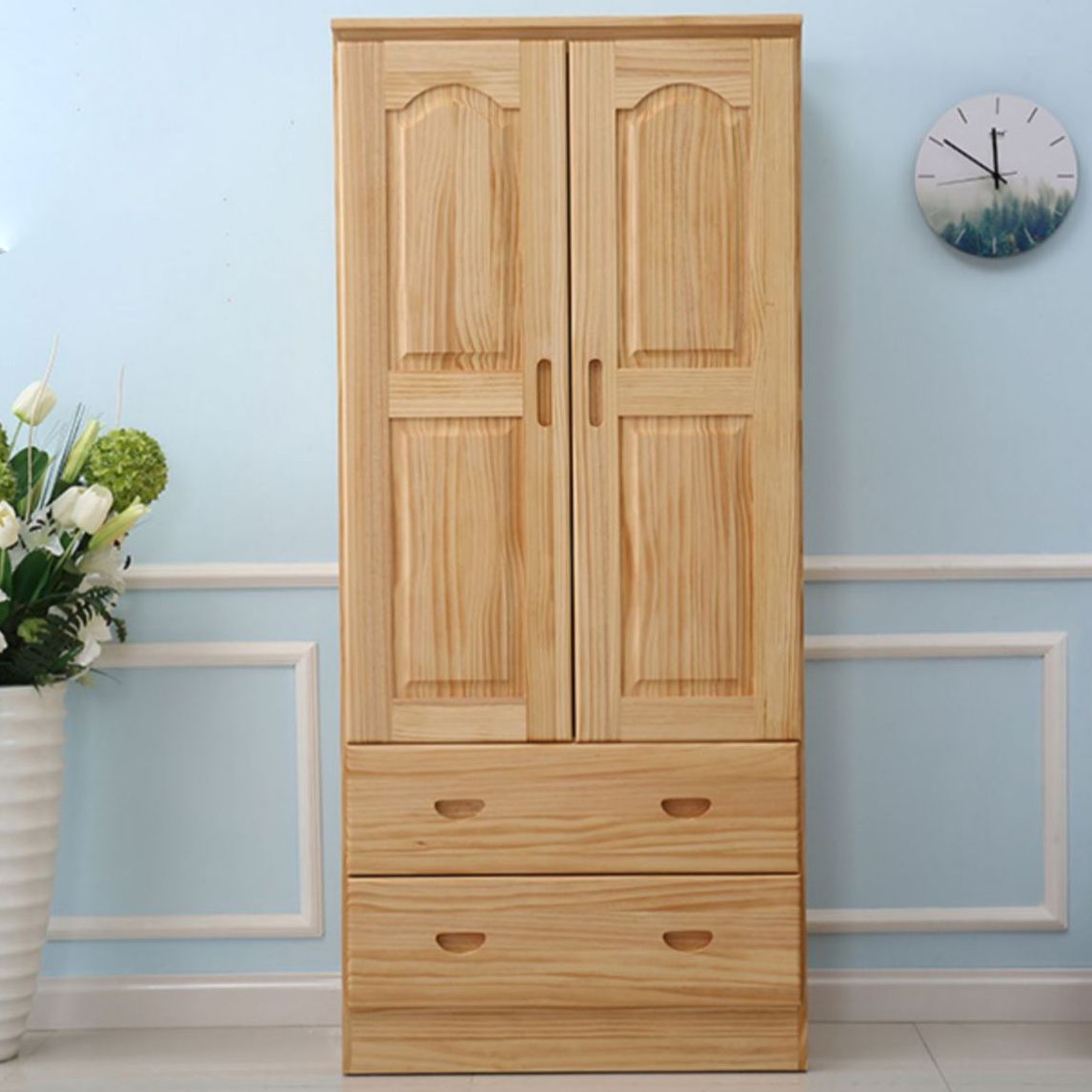 Pine Kid's Wardrobe Contemporary Kids Closet with Lower Storage Drawers