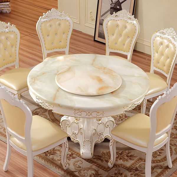 Solid Wood Victorian Round Dining Table Faux Marble Top Table with Pedestal