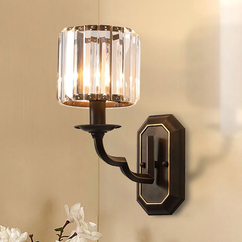Funzione illuminante cilindrica Apparecchiatura Vintage Metallic 1 Testa Black Wall Mount Lamp con cristallo sfaccettato