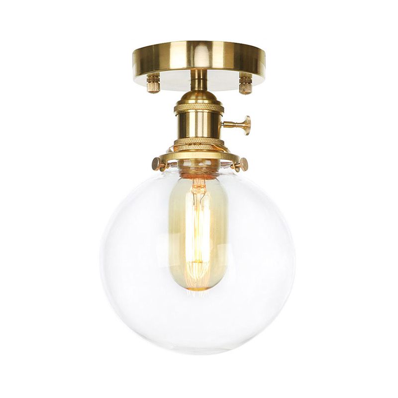 Brass One Bulb Ceiling Lighting Farmhouse Clear/Amber Glass Globe Semi Flush Light for Dining Room