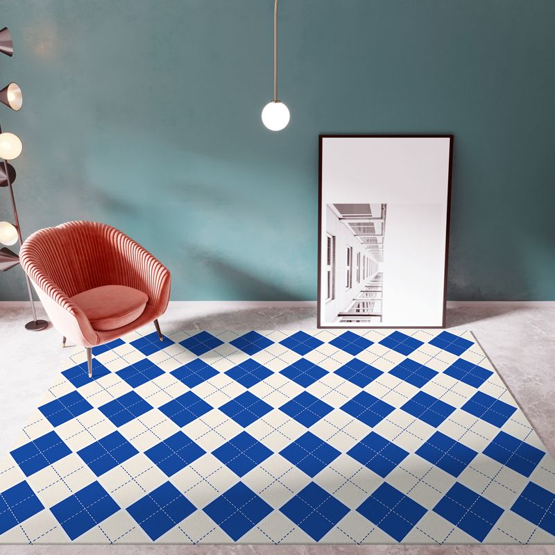 Sapphire Blue Modern Rug Polyester Grid Rug Washable Rug for Living Room