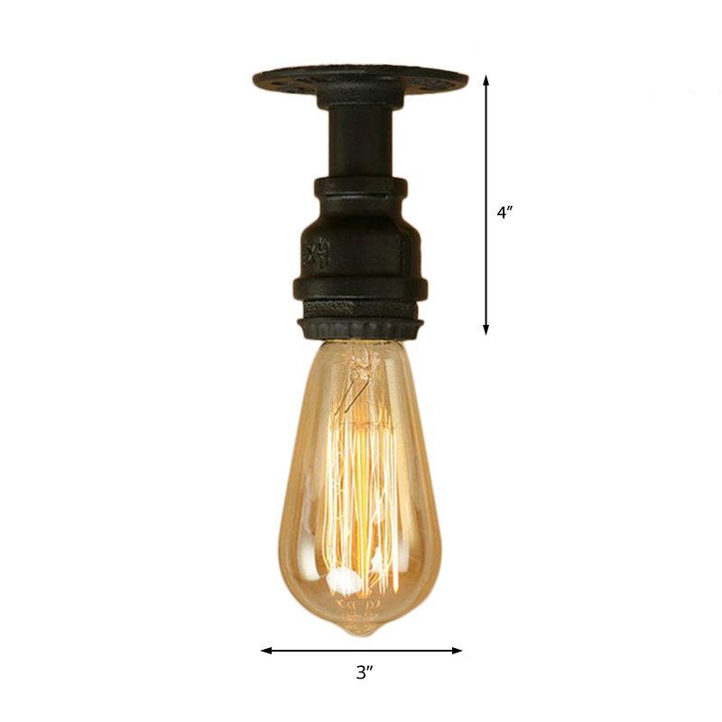 1 Bulb Piping Semi Flush Light with Bare Bulb Industrial Black Metallic Mini Semi Flush Light for Corridor