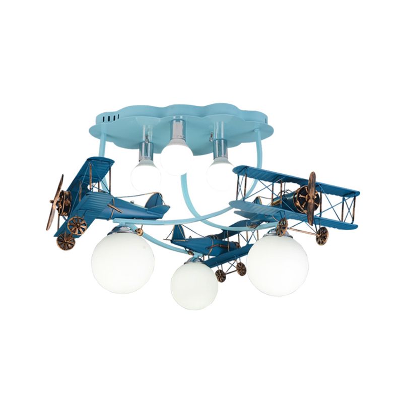 Wood Plane Unterputz-Deckenleuchte Cartoon, 6-flammig, Distressed Blue, Unterputzleuchte mit Bubble-Milchglas-Lampenschirm