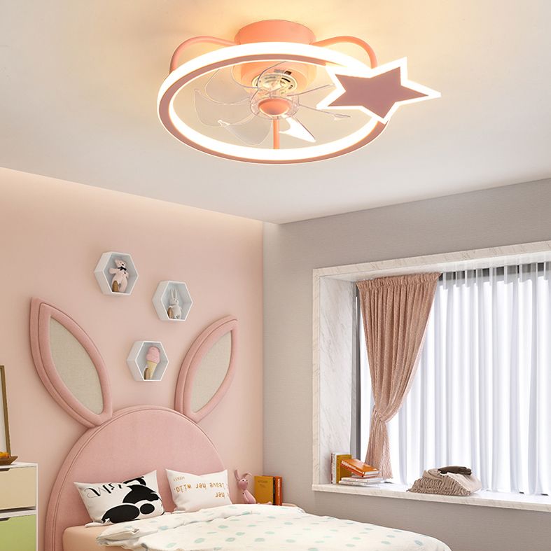 Pink Circular Ceiling Fan Lighting Cartoon Acrylic LED Semi Flush Mount Fixture for Kids Room