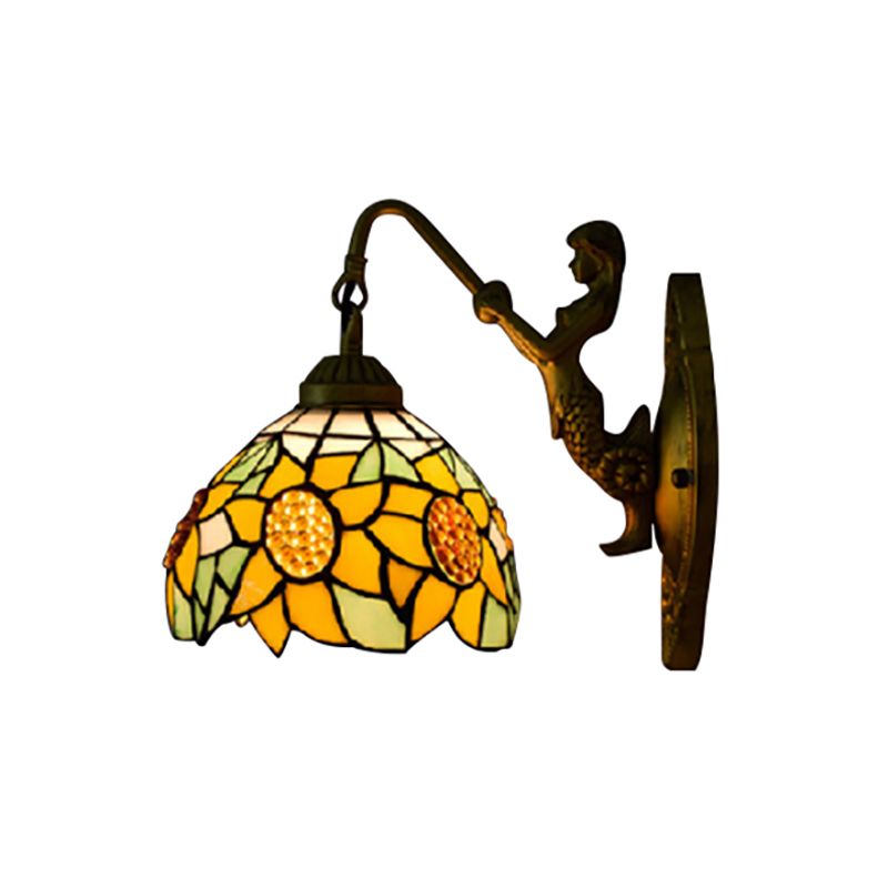 Sunflower Yellow Glass Sconce Light Tiffany 1 Head Bronze Wall Mounted Light with Mermaid Decoration