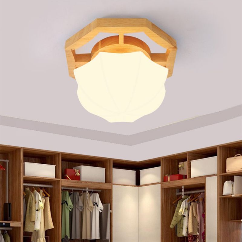 Umbrella Flush Mount Modernism Milk Glass Beige LED Flush Mount Lamp with Wood Canopy, 10"/13"/16.5" Wide