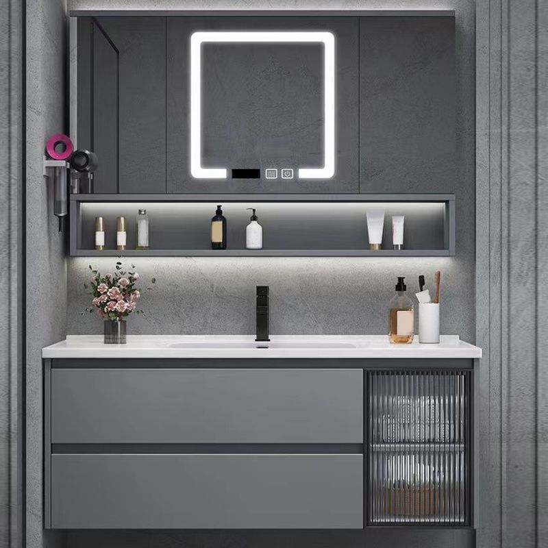 Contemporary Sink Cabinet Metal Gray Wall-Mounted Bathroom Vanity Set