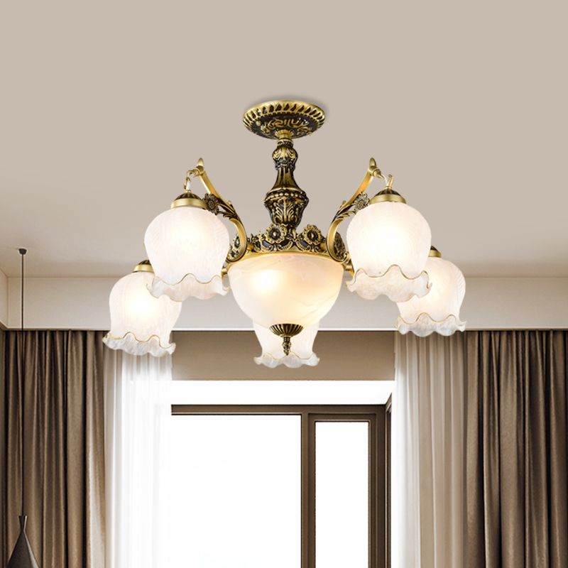 Bronze Finish Floral-Shape Semi Mount Lighting Warehouse White Glass 7/9/11-Light Living Room Ceiling Flush