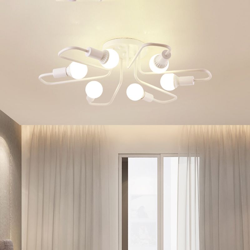 Loft Industrial Exposed Semi Flush Light Fixture 4/6-Head Metallic Ceiling Light Fixture in Black/White for Living Room