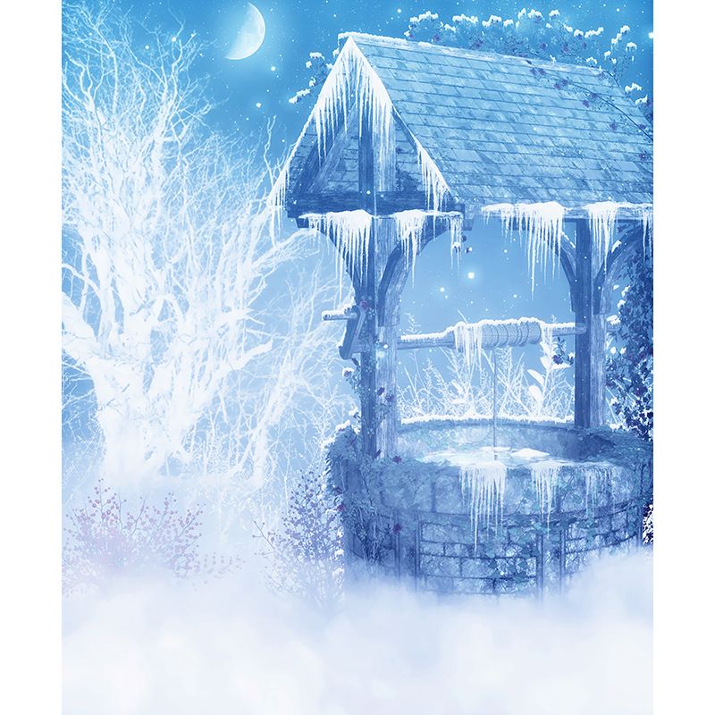 Blue Contemporary Wall Mural Great Moon and Shabby Well Wall Decor for Guest Room