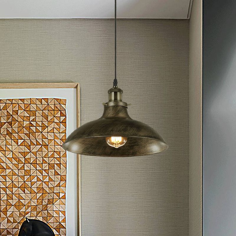 Antique Stylish Bowl Pendant Lamp 12"/14" W 1 Light Wrought Iron Hanging Fixture with Plug in Cord in Black/Grey