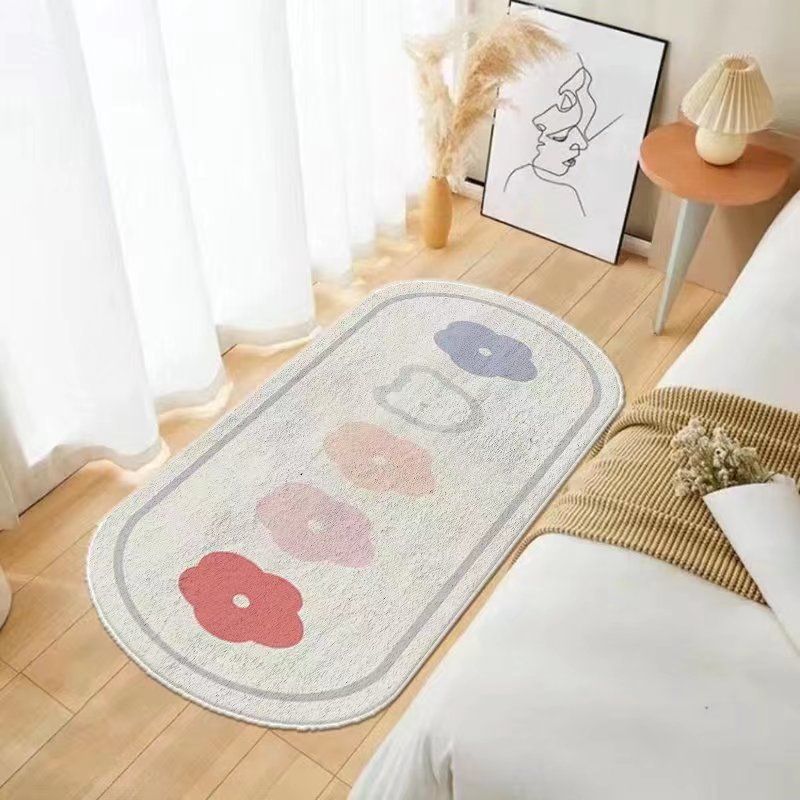Cartoon Flowers Rug Ellipse Shape Stain Resistant Rug for Home Decor