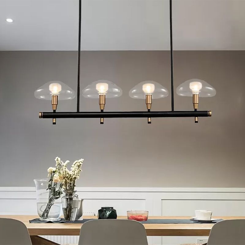 Clear Shade Mushroom Linear Pendant 4/6 Lights Glass Island Lighting in Black for Restaurant