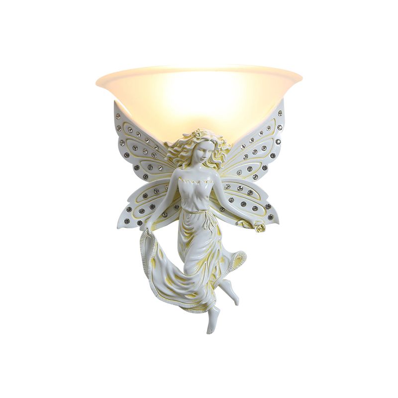 1 Light Wall Lighting Ideas Country Half-Bowl Opal Glass Wall Sconce in White/Gold with Right/Left Resin Angel