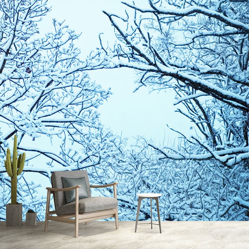 Modern Snowy Tree Branches Mural Blue Stain-Proof Wall Art for Living Room, Made to Measure