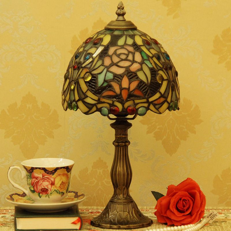 Bronze 1 Bulb Table Light Victorian Hand Cut Glass Domed Shaped Nightstand Lighting with Blossom Pattern