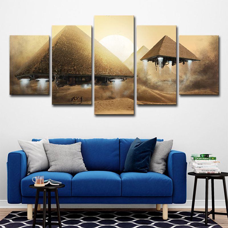 Sci-Fi Flying Pyramid UFO Art Print Boys Canvas Multi-Piece Yellow Wall Decoration