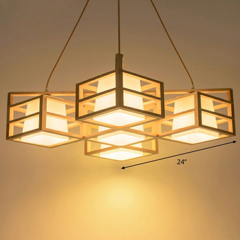 Symmetric Cage Style Hanging Lighting Nordic Wooden 5-Head Beige Multi Pendant Chandelier with Opal Glass Shade