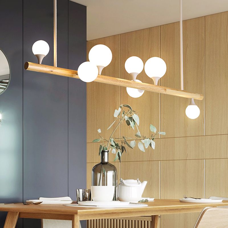 Wood Linear Hanging Island Light Minimalism Opal Ball Glass Drop Pendant for Restaurant