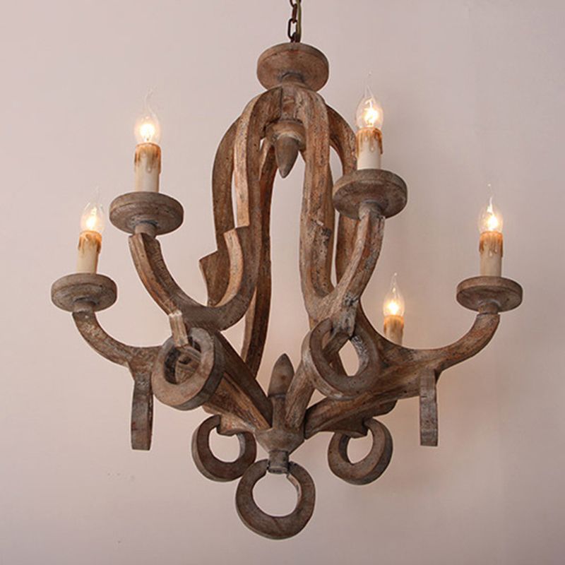 Éclair de lustre de style bougie français Éclairage de plafond en bois flotté antique pour salle à manger